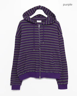 (Unisex) Striped Double Zip Waffle Knit Hoodie