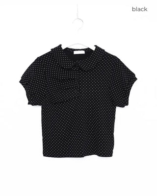 Round Collar Gathered Polo Neck Dot Puff T-Shirt