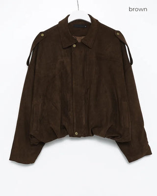 Gathered hem semi-cropped suede blouson jacket