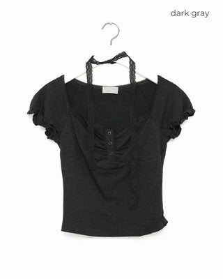 Shirred lace tie T-shirt