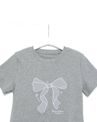 Checked ribbon frill short-sleeved T-shirt