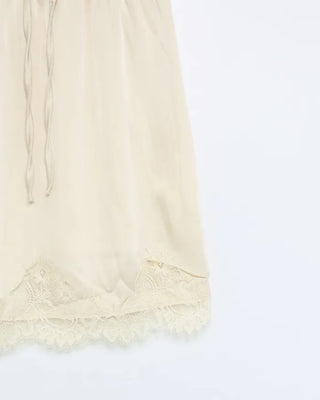 Satin elastic waist lace midi skirt