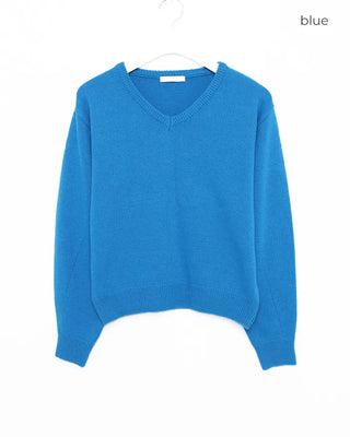Ribbed V-neck semi-cropped high-gauge knit