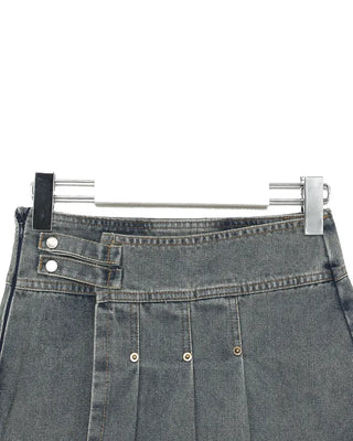 Side-adjustable wrap pleated denim mini skirt