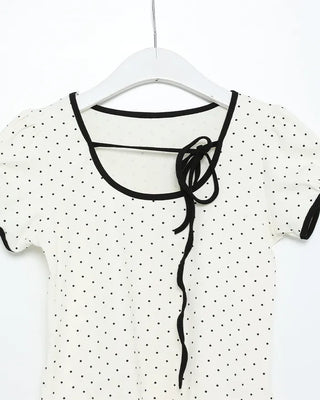 Two-tone polka dot frill puff sleeve T-shirt