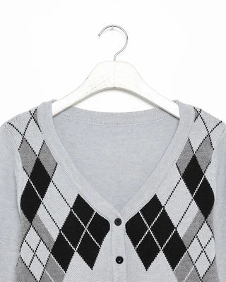 V-neck argyle crop cardigan