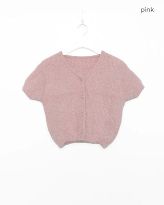 Shaggy knit short-sleeved cardigan