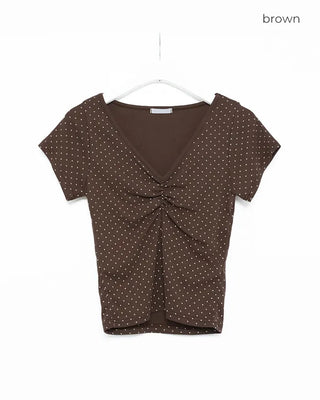 V-neck polka dot shirred short-sleeved T-shirt