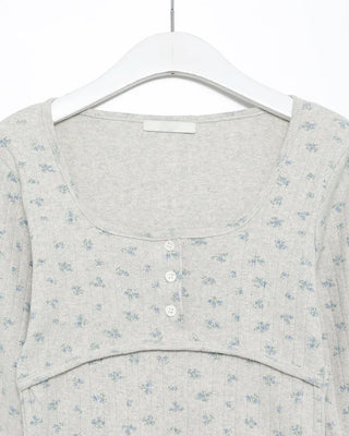 Deep Henley Neck Flower Pointelle Cut and Sew