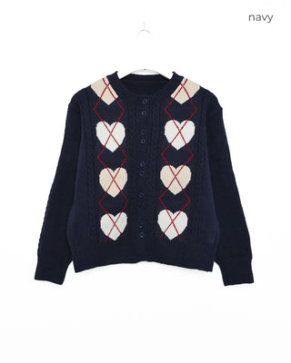 Heart Argyle Round Neck Cardigan