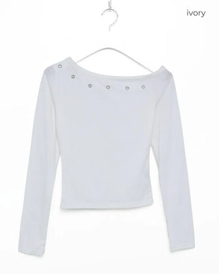 Eyelet Off-Shoulder Long Sleeve T-Shirt