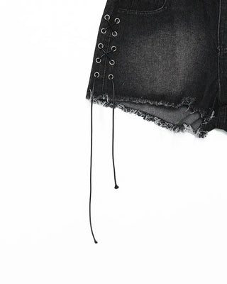 Shoelace Studded Cut-Off Short Denim Pants
