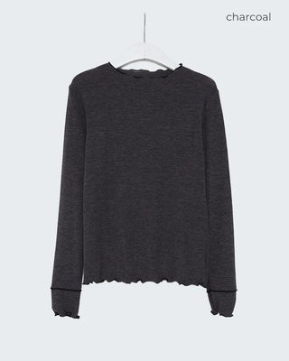 See-through frill neck long-sleeve T-shirt