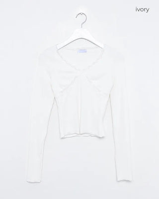 Lace V-neck ribbed slim T-shirt