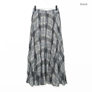 Checked flared wrinkle long skirt