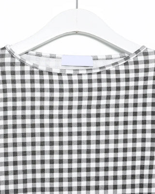 Gingham check boat neck 5/8 sleeve slim T-shirt