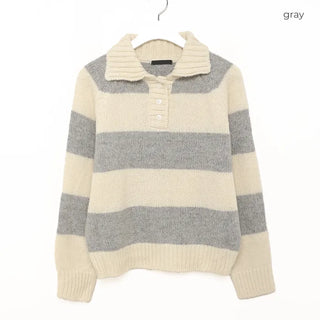 Striped button collar knit