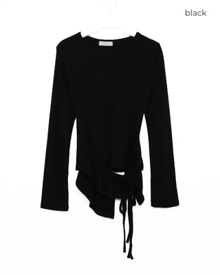 Waist frill long-sleeve T-shirt