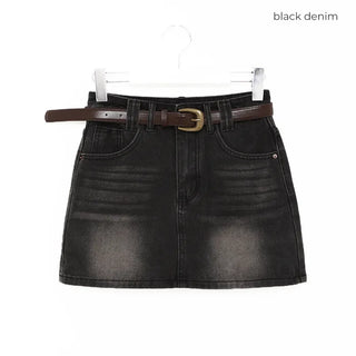 Belted denim mini skirt