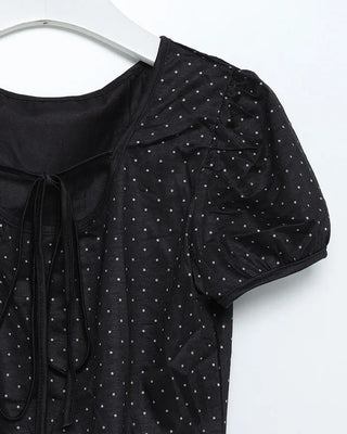 Polka Dot Ribbon Strap Puff Sleeve Short Sleeve T-Shirt