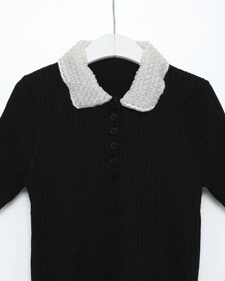 Pearl-embellished color-accented short-sleeved knit