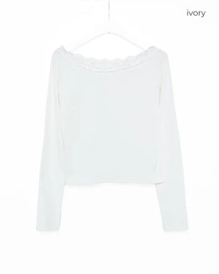 Scalloped Lace Off-Shoulder Neck Long T-Shirt
