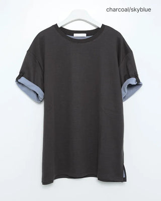 (Unisex) Roll-up Point Bi-color Short-Sleeve T-Shirt