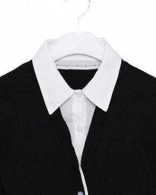 Shirt-layered long-sleeved cardigan