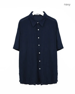 Linen-like shirred short-sleeved shirt