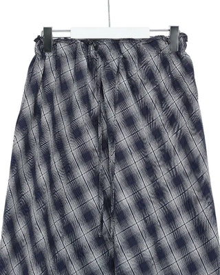 Checked elastic waist string long skirt