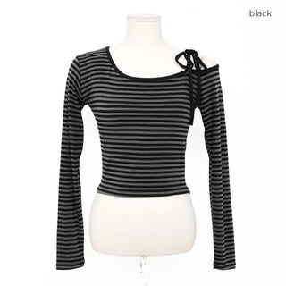 Asymmetrical Shoulder Crop Border T-Shirt