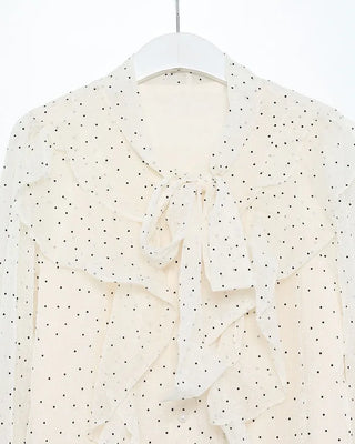 Polka Dot Ribbon Tie Frill Chiffon Blouse
