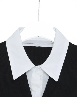 Shirt-layered short-sleeved cardigan
