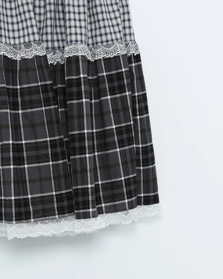 Check pattern lace detail long skirt