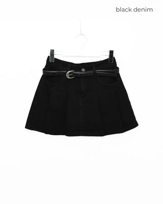 (Belt set) Denim pleated mini skirt