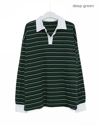 Half-open collar border T-shirt