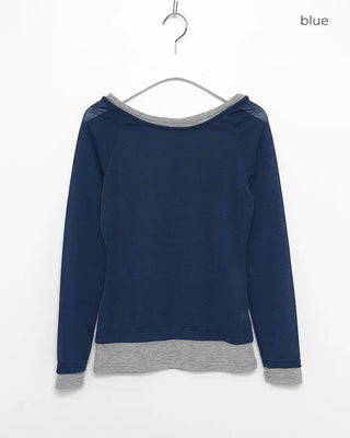 Boat neck two-tone layered long T-shirt
