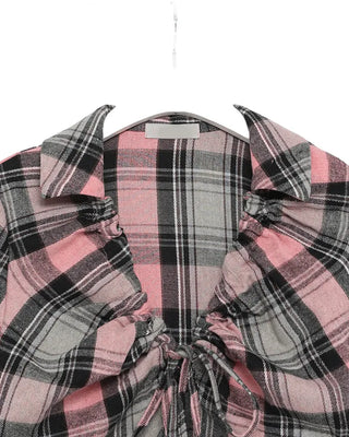 V-neck button-up check flannel blouse