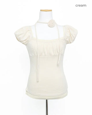 Rose Tie Set Puff Sleeve Gathered Rib Top