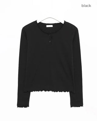 Half-button frill ribbed long T-shirt