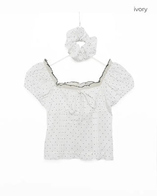 (Set) Polka Dot Puff Blouse and Scrunchie