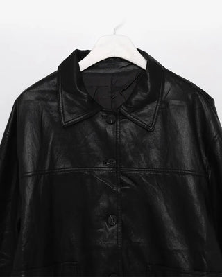 Two-tone leather jacket with contrasting sleeves.
