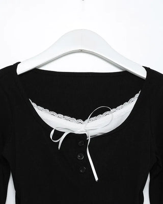 Ribbon Button Long Sleeve T-Shirt