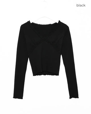 Lace V-neck cropped ribbed long T-shirt