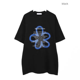 (Unisex) Spray Flower Lettering Long Half T-Shirt