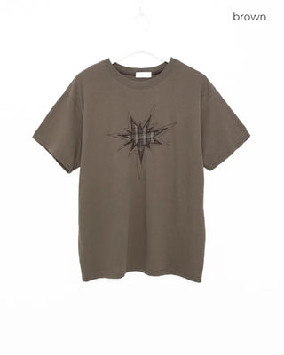 (Unisex) Check Vintage Star Patch Short Sleeve T-Shirt