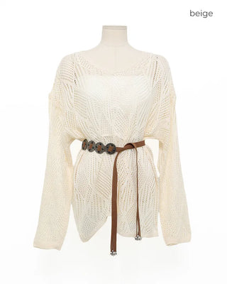 Sleeveless perforated knit set with belt