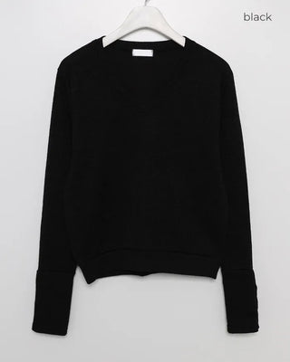 Sleeve Button V-Neck Long T-Shirt