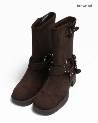 Double-belt round harness mid-calf boots