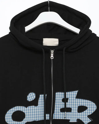 (Unisex) Tartan Check Patch Double Zip Hoodie